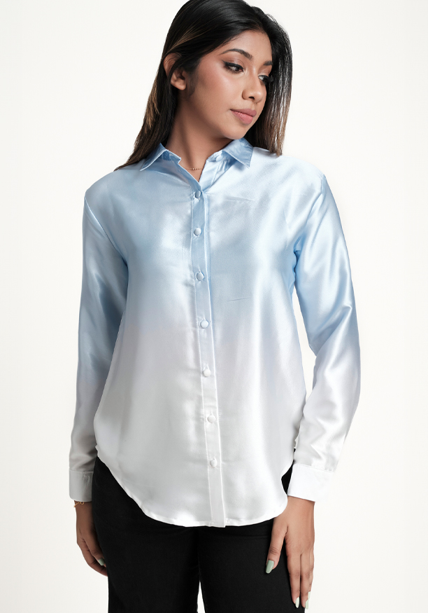 BLUE SHADED LONG SLEEVE SATIN BLOUSE